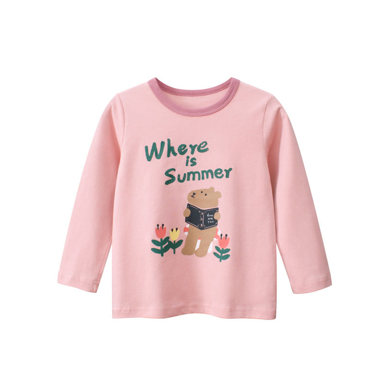 Baby Girl Cute Bear Print Pattern Simple Colorblock Collar Shirt-1