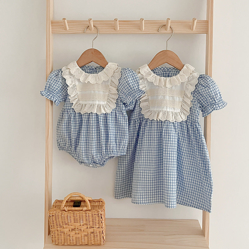 New Arrival Summer Girls Blue Plaid Noble Crew Neck Short Sleeves Onesies And Dress – Princess Sister Matching Set-0