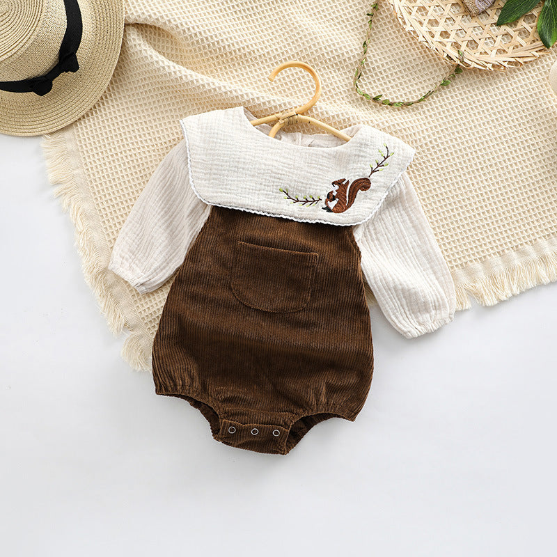 Baby Embroidered Pattern Lapel Cotton Shirt Combo Corduroy Strap Onesies Sets-1