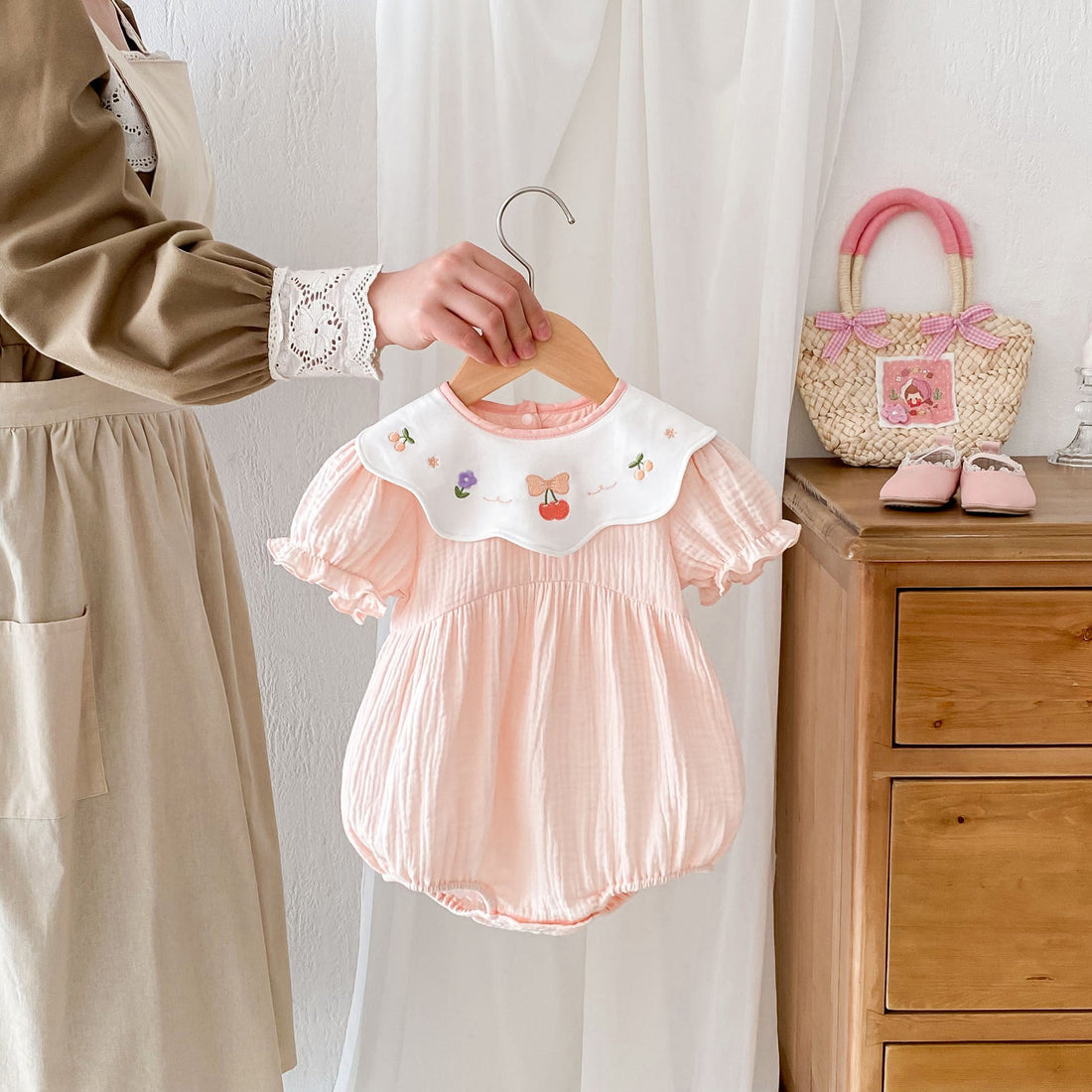 Hot Selling Summer Baby Kids Girls Pink Short Sleeves Fruits Embroidery Collar Onesies-0