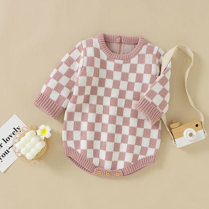 Baby Checkerboard Pattern Quality Knit Onesies-2