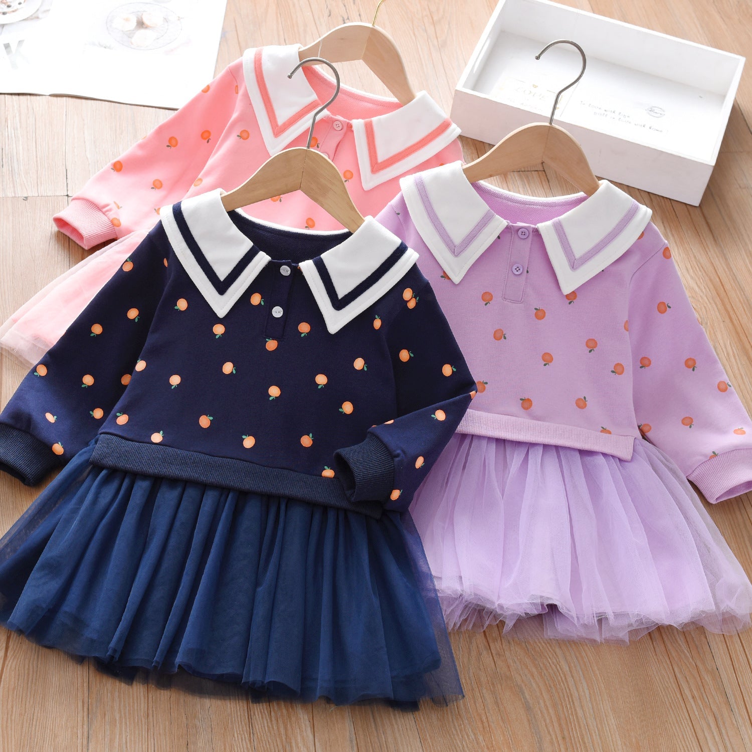 Baby Girl Fruit Pattern College Style Lapel Design Mesh Patchwork Dress-0