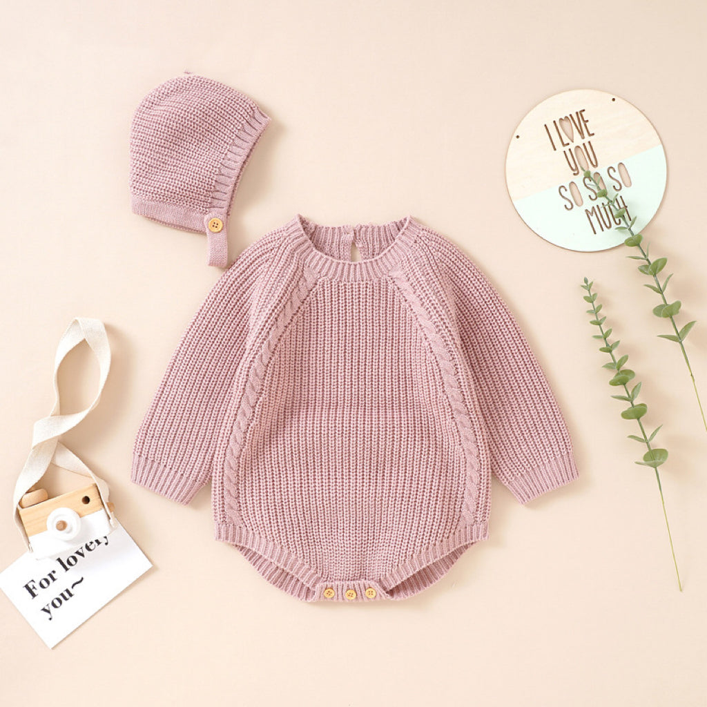 Baby Solid Color Long Sleeve Knitted Woolen Onesies-1