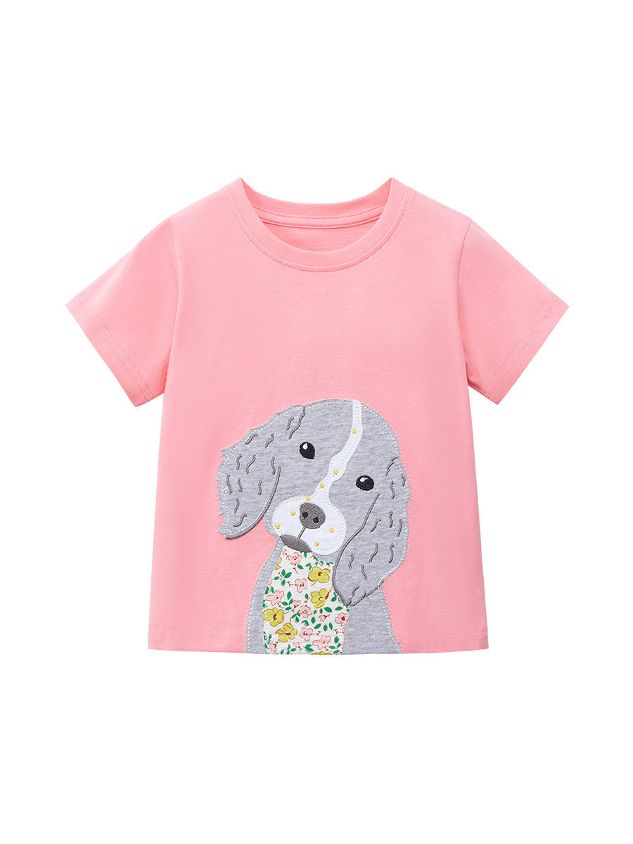 Cute Knit Round Neck Peppy Dog Cartoon Girls’ T-Shirt In European And American Style For Summer-0