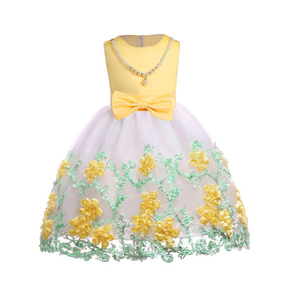 Baby Girl Flower Mesh Overlay Design Bow Tie Vest Dress Birthday Formal Dress-0