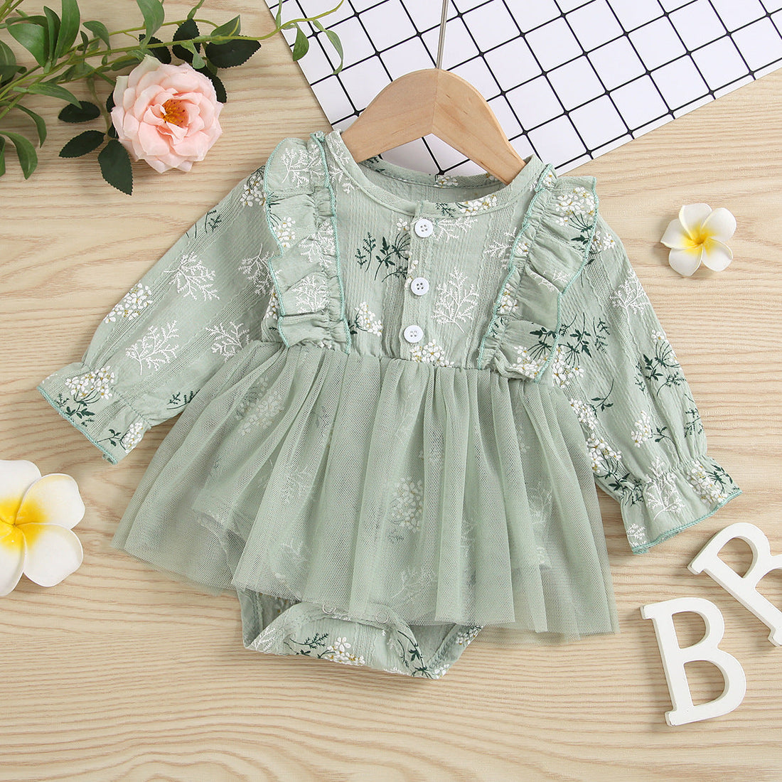 Baby Girl 1pcs Allover Grass Embroidered Graphic Mesh Overlay Dress Longsleeve Onesies-1