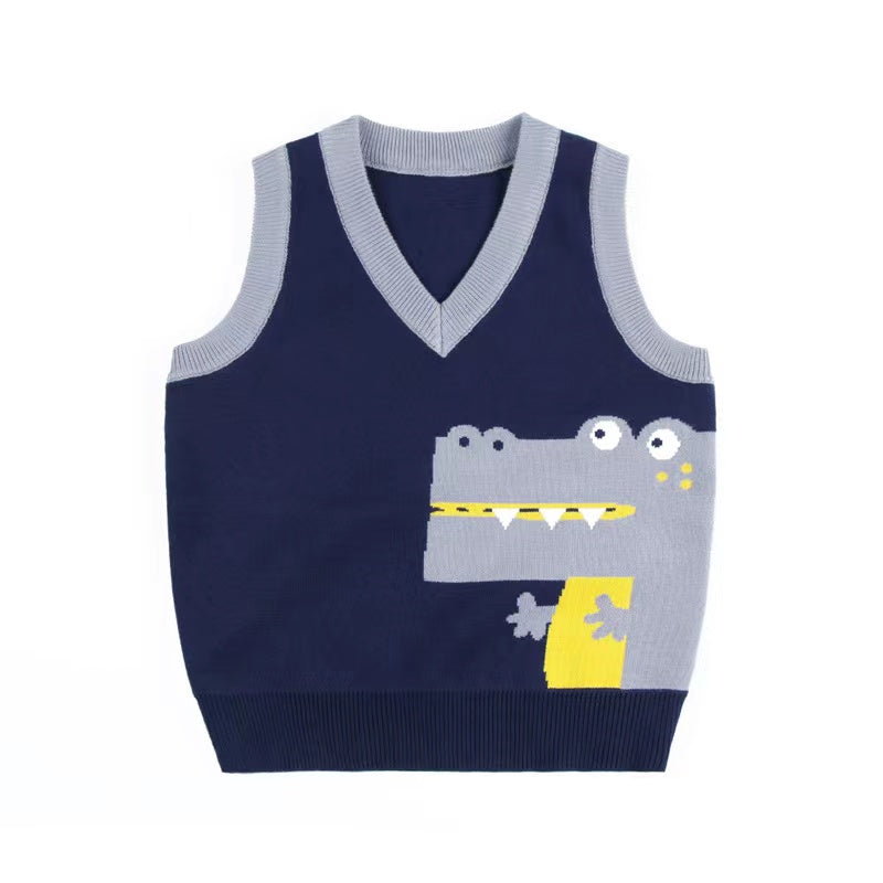 Baby Boy Cartoon Graphic Contrast Design V-Neck Sleeveless Knitted Vest Sweater-0