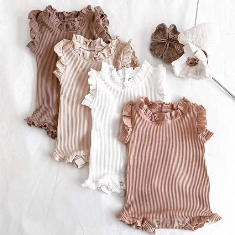 Baby Girl Wood Ear Design Solid Color Sleeveless Round Collar Tops Combo Shorts Sets IN Summer-1