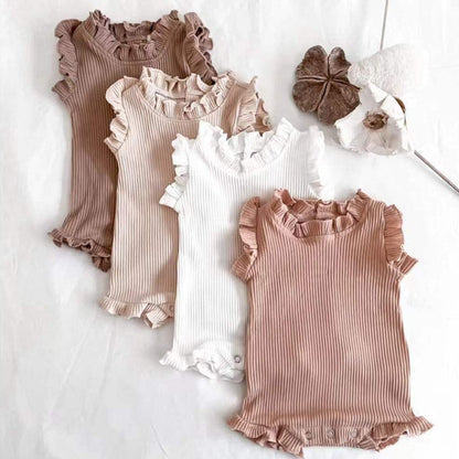 Baby Girl Wood Ear Design Solid Color Sleeveless Round Collar Tops Combo Shorts Sets IN Summer-1