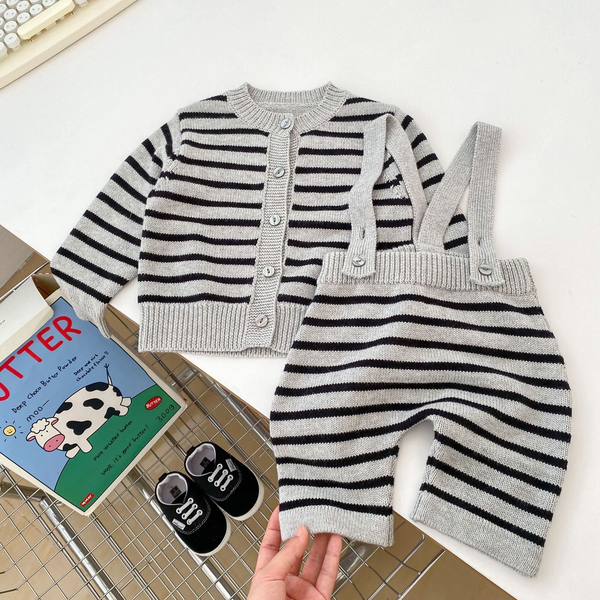 Autumn Striped Pattern Knitted Overalls Combo Cardigan Sets-0