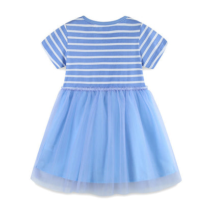 Girls Summer Striped Applique Short Sleeves Blue Mesh Design Dress-2