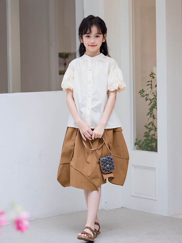 Summer Hot Selling Girls Solid Color Single Breasted Short Sleeves Shirt And Irregular Skirt Clothing Set-3