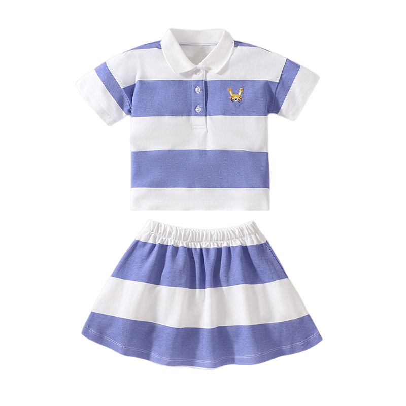 Baby Girl Striped Pattern Polo Neck Shirt With Skirt Sets In Summer-1