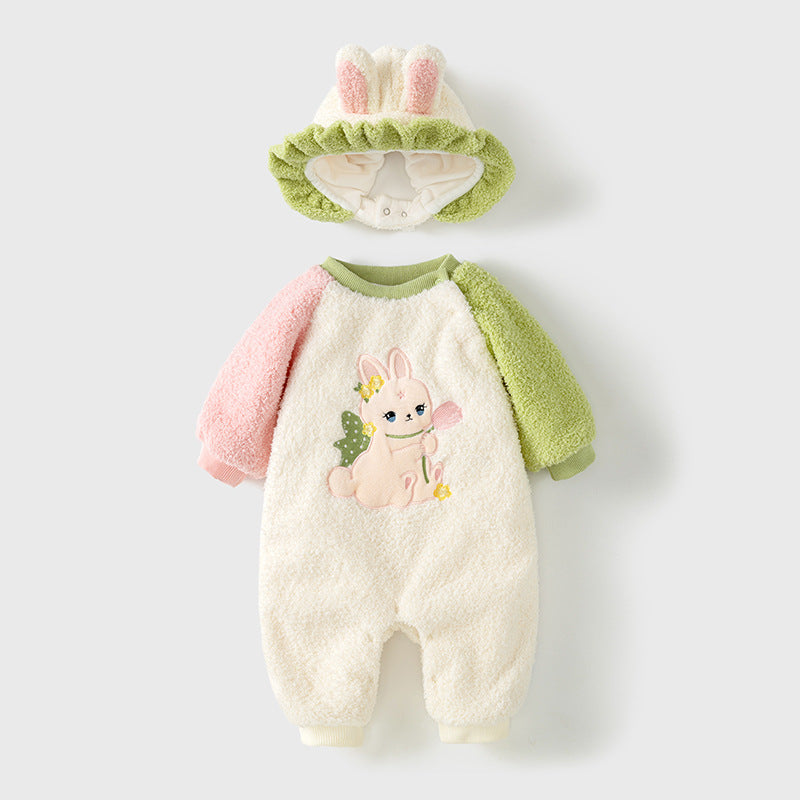 Winter Baby Girl Rabbit Cartoon Thick Home Clothes Romper-1