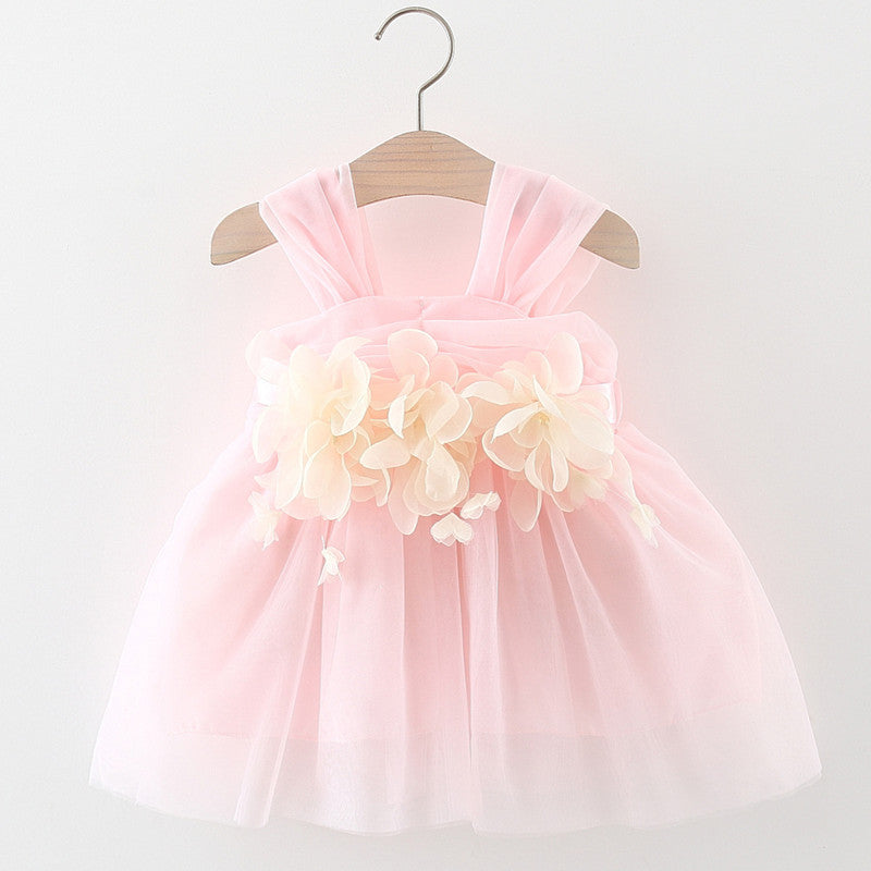 Baby Girl Flower Patched Design Mesh Princess Formal Dress-0