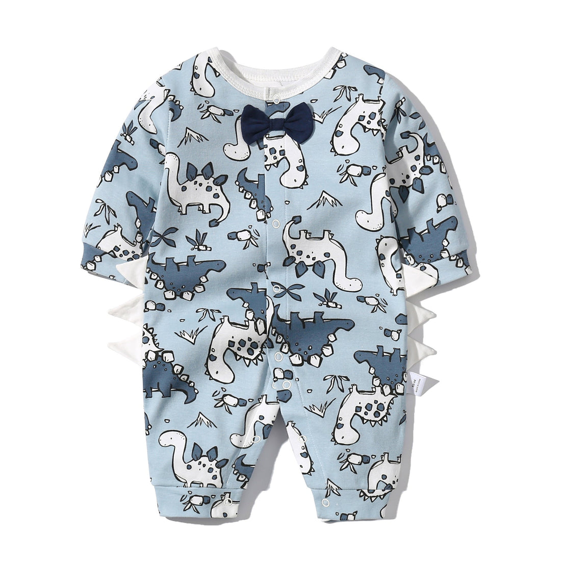 Baby Boy Dinosaur Pattern Bow Tie Patched Design Snap Button Romper Jumpsuit-1