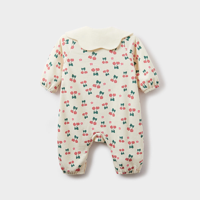 Autumn Baby Girl Cherry Pattern Flower Neck Rompers-1