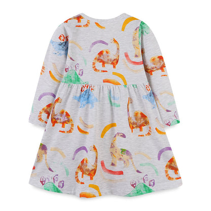 Baby Girl Dinosaur Print Pattern Long Sleeve Autumn Dress-1