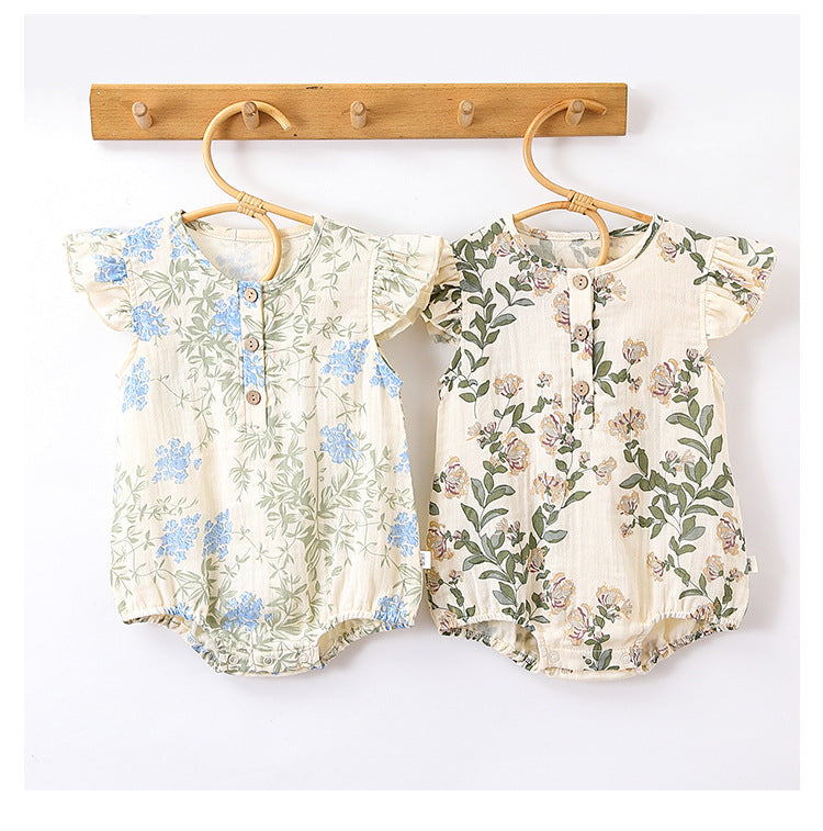 Summer New Arrival Baby Girls Plain Floral Print Fly Sleeves Crew Neck Onesies-1