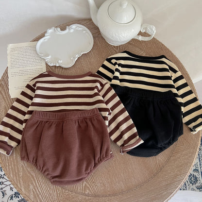 Baby Striped Pattern Long Sleeve Tops &amp; Triangle Shorts 1 Pieces Sets-1