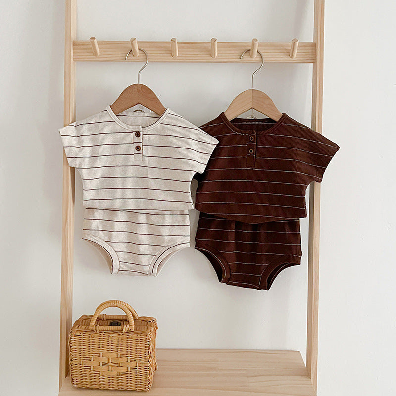 Baby Kids Unisex Striped Short Sleeves Top And Shorts Casual Clothing Set-0