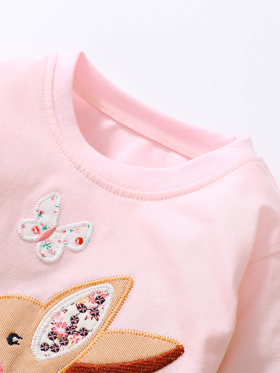 Baby Girls Kids Deer Cartoon Embroidery Long Sleeve Top Pullover-1