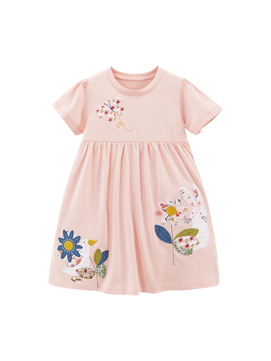 Spring And Summer Baby Girls Short Sleeves Flowers And Animals Collection Dress-0