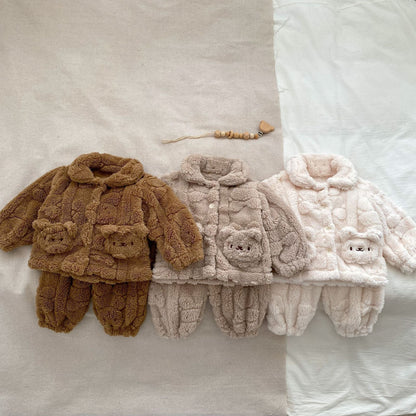 Baby Little Bear Plush Cardigan Combo Long Pants Sets In Winter-0