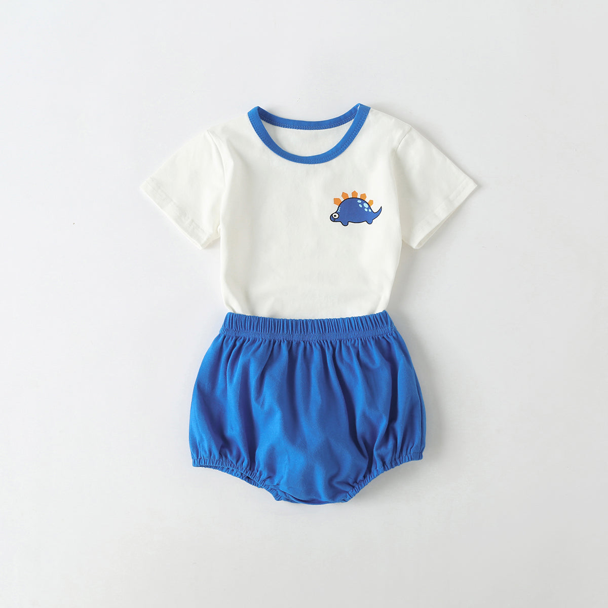 Baby Cartoon Dinosaur Pattern Contrast Neck Tee Combo Solid Shorts Sets-1