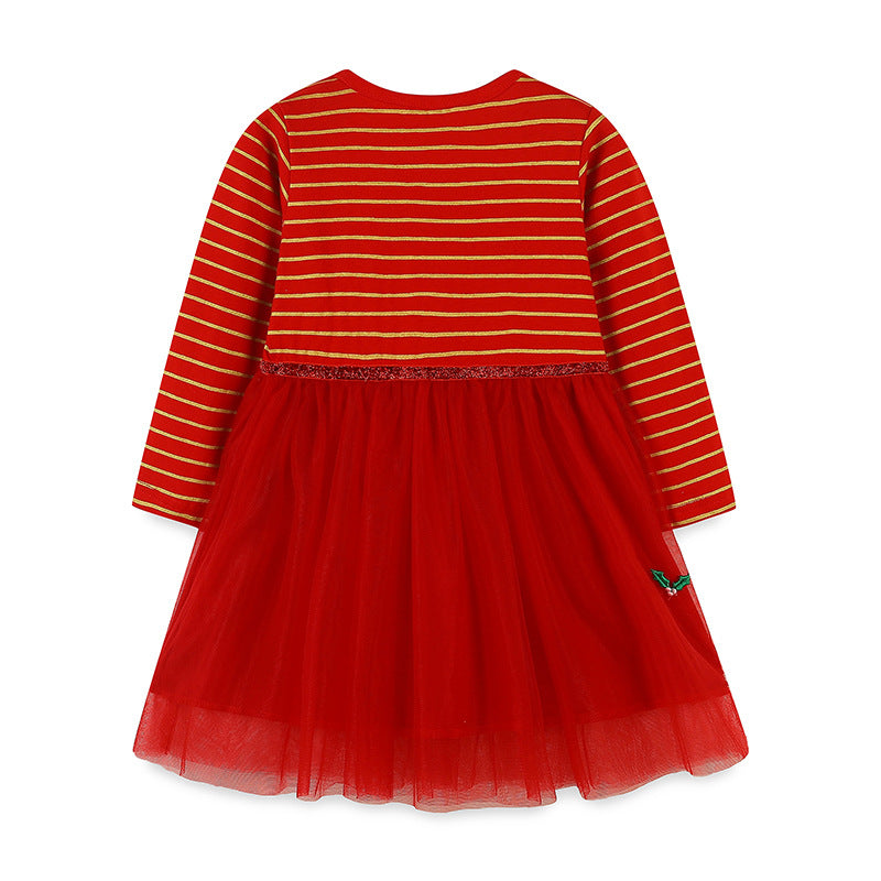 Girls’ European-American Style Santa Claus And Reindeer Embroidered Tulle Dress With Striped Pattern-2