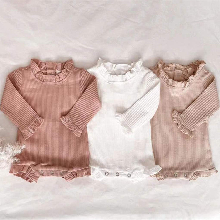 Baby Girl Wood Ear Design Solid Color Long-Sleeved Round Collar Tops Combo Shorts Cotton Sets-1