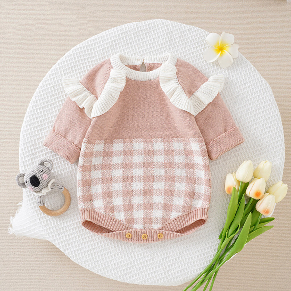 Baby Girl Checkerboard Pattern Lace Design Onesies In Autumn-1