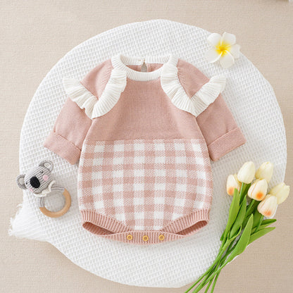 Baby Girl Checkerboard Pattern Lace Design Onesies In Autumn-1