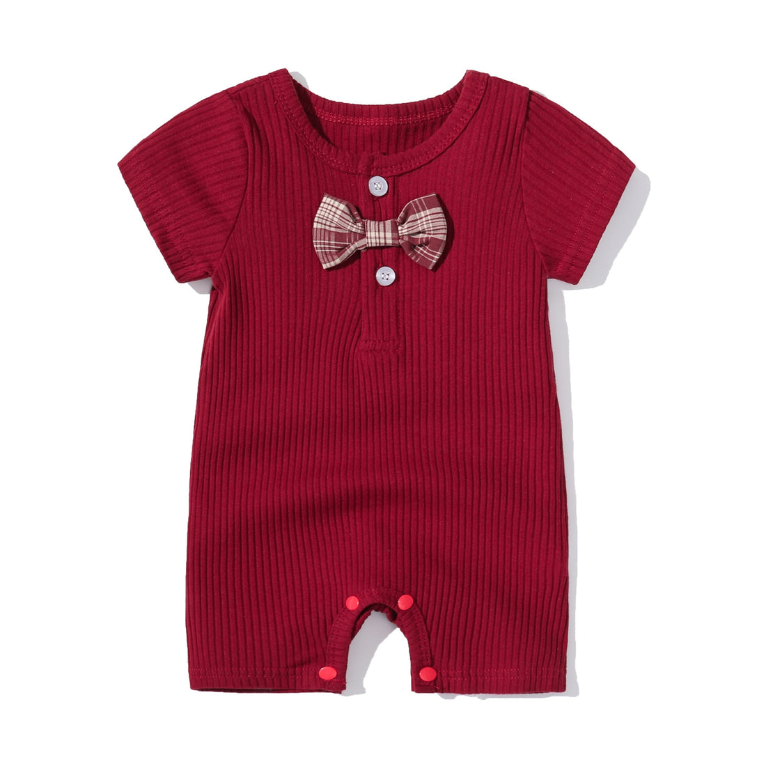 Baby Boy And Girl Solid Color Bow Tie Decoration Short Sleeve Neck-Buttoned Romper-1