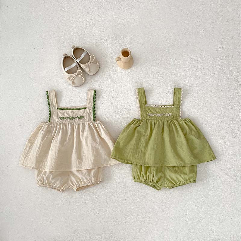 Summer Hot Selling Baby Girls Sleeveless Lace Trim Strap Top Dress And Bloomers Clothing Set-0