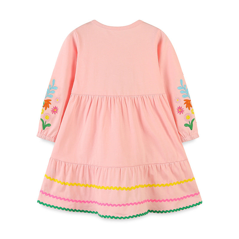 Adorable Floral Embroidered Dress: A Sweet Round Neck Princess Dress For Girls-1