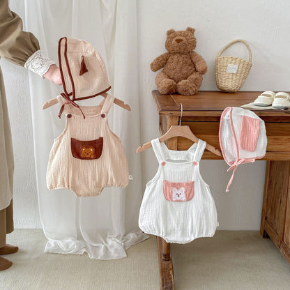 Unisex Summer New Arrival Sleeveless Simple Teddy Pattern Pocket Baby Strap Onesies-0