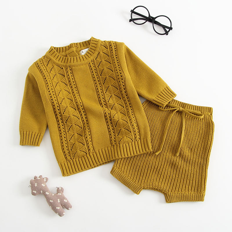 Baby Solid Color Hollow Carved Design Knitwear Sets-1