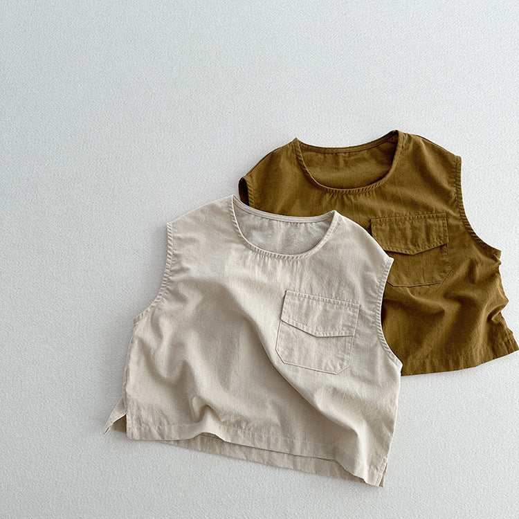 New Arrival Kids Unisex Crew Neck Sleeveless Thin Solid Color Top Vest With Pocket-0