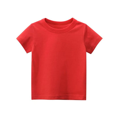 Baby Kids No Pattern Solid Color Short-Sleeved Tops In Summer Outfit Wearing-1