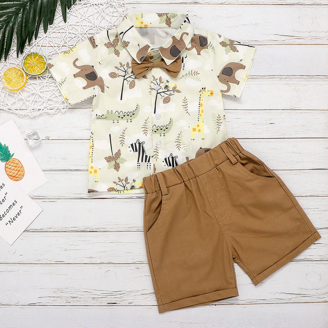 Summer Baby Kids Boys Beige Cartoon Animals Pattern Turn-Down Collar Short Sleeves Shirt And Solid Color Shorts English Clothing Set-1