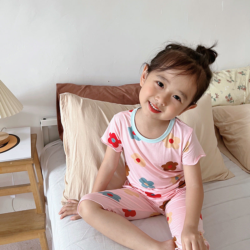 Summer Baby Kids Girls Flowers Pattern Short Sleeves T-Shirt And Shorts Casual Home Clothing Set-0