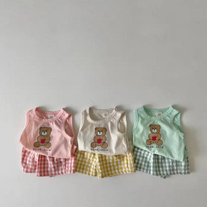 Baby Bear Print Pattern Tops With Plaid Shorts Sets-1