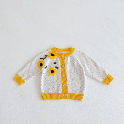 Baby Girl 1pc Sunflower Embroidered Graphic Buttoned Front Contrast Knitted Cardigan-0