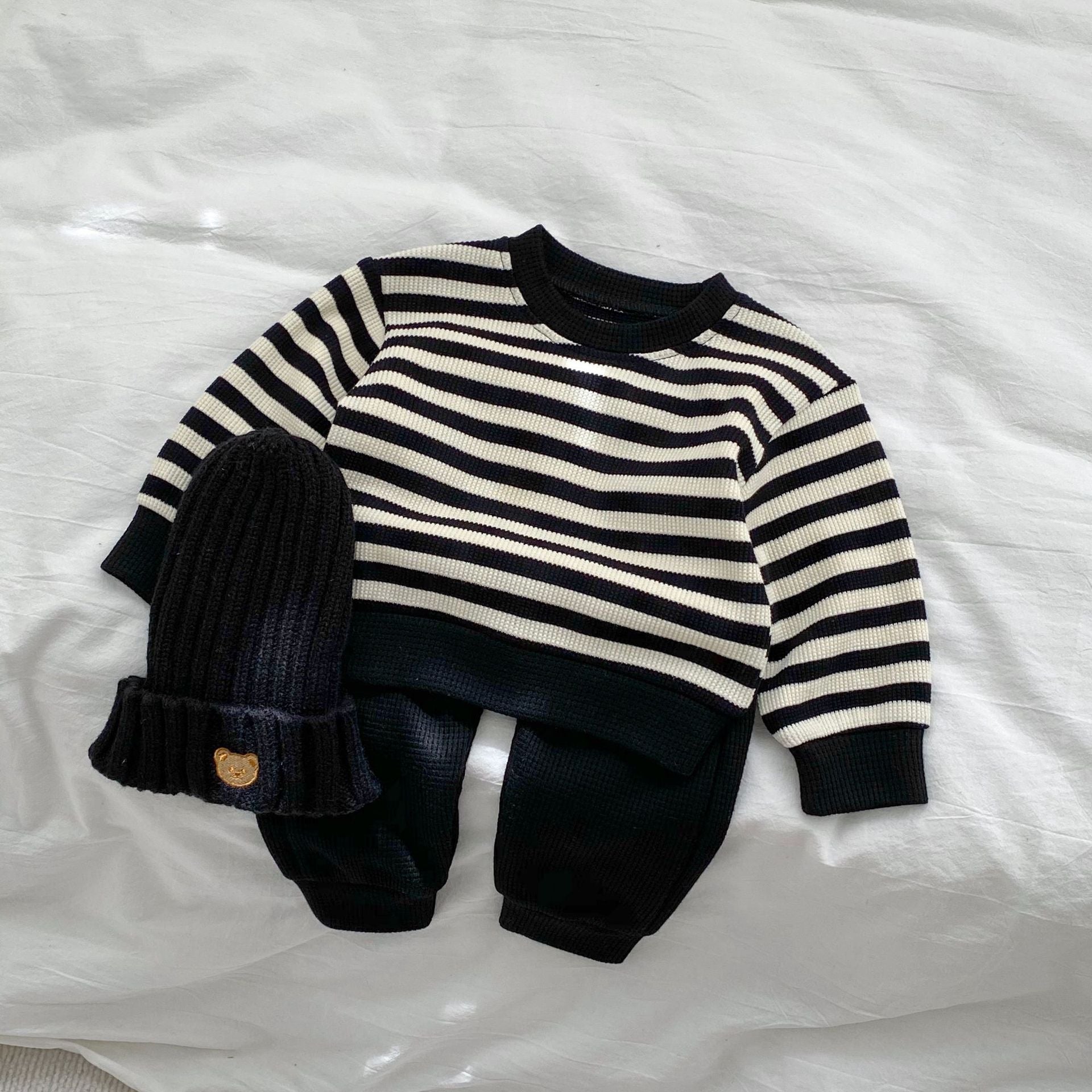 Baby Striped Pattern Waffle Fabric Hoodies Combo Pants Sets-1