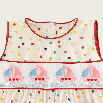 New Design Summer Kids Girls Cute Colorful Dots Sailing Boats Embroidered Sleeveless Dress-1