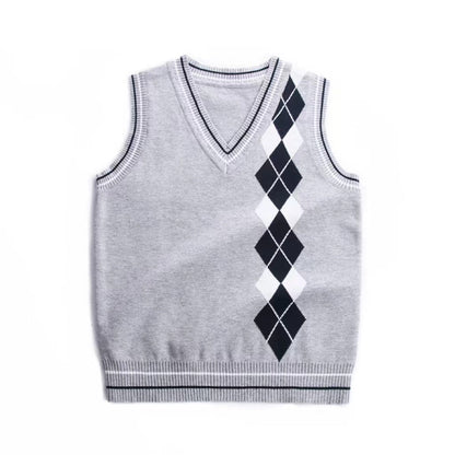 Boy And Girl Rhombus Pattern V-Neck College Style Sleeveless Vest Sweater-0