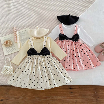 Spring Baby Kids Girls Plain Long Sleeves Base Sweatshirt And Suspender Skirt Clothing Set-0