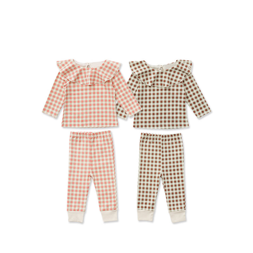 Baby Cartoon &amp; Plaid Pattern Ruffle Neck Design Long Sleeve Sets-1