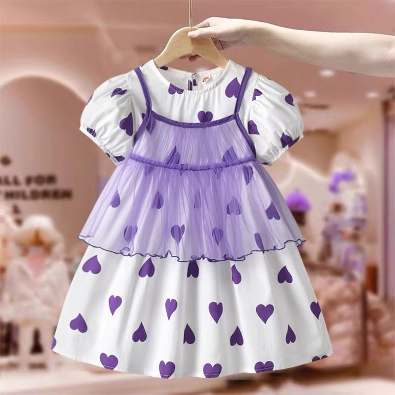 Summer Kids Girls Short Sleeves Heart Print Sweet Mesh Princess Dress-0